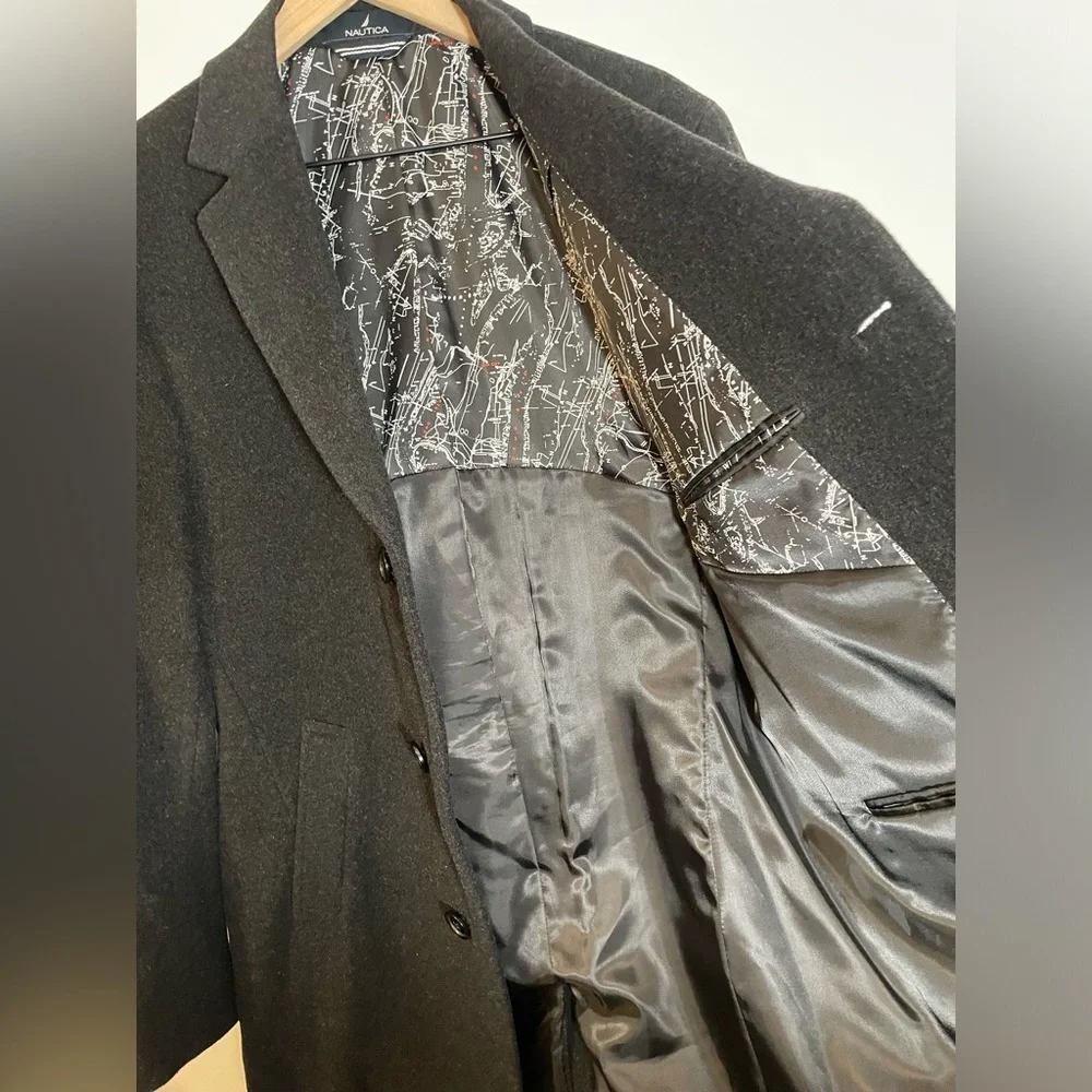 Nautica Barge Overcoat Classic Fit Wool Cashmere Blend Lined 40R Dark Gray $450